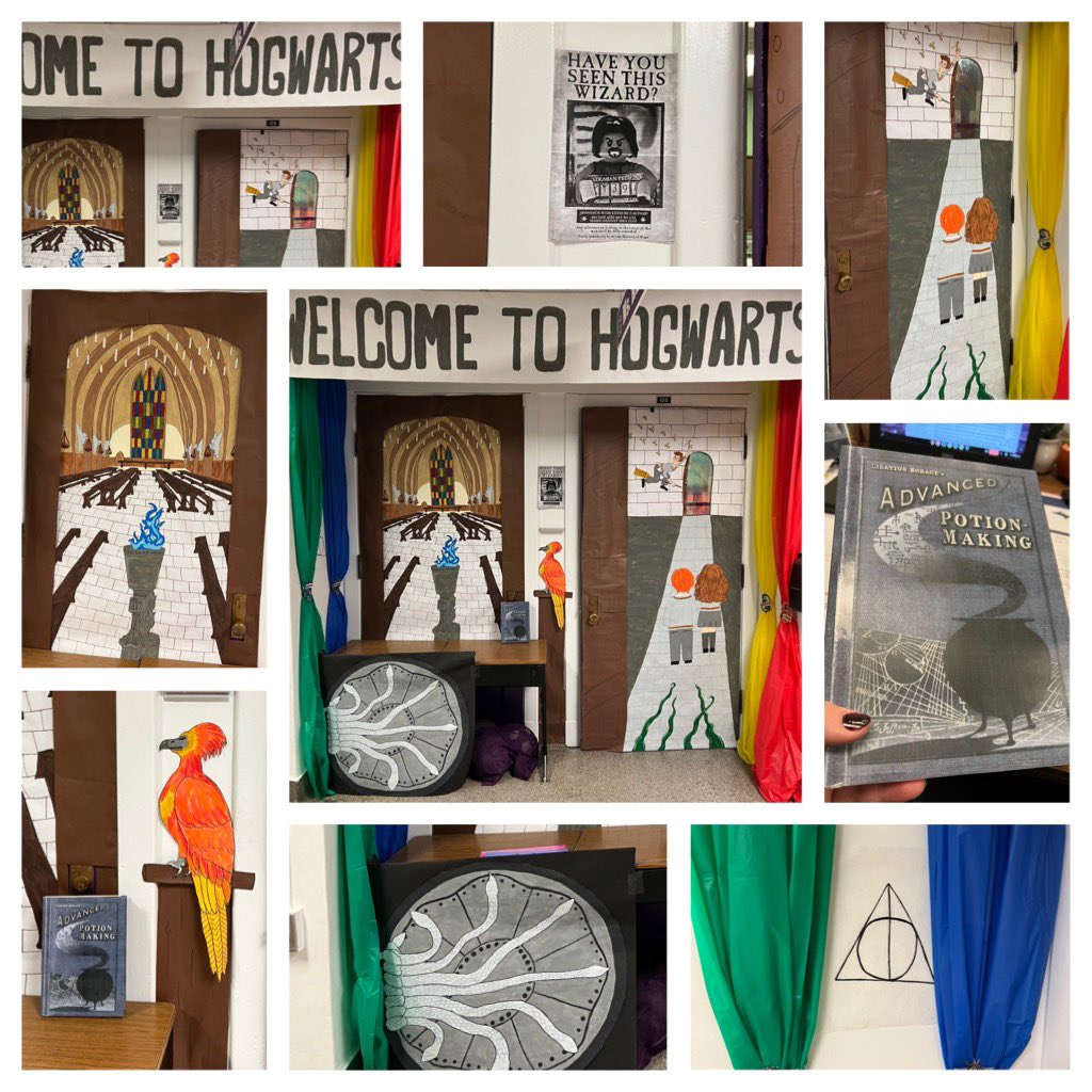 mskcaro's tweet photo. A bit late but Reading Month was magical. I managed to make a display and paint sections for my door display to include a nod to all 7 books for the “Books turned Movies” theme. #HarryPotter https://t.co/GKHKw6JNSR