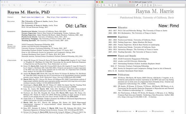 I was browsing the <a href="/rOpenSci/">rOpenSci</a> Use Cases when I stumbled upon the #rstats  package `rvitae` for creating CVs from templates. You can semi-automate the process by pulling data from Google Scholar &amp; ORCID (right)! So much faster than using LaTex (left) pkg.mitchelloharawild.com/vitae/
