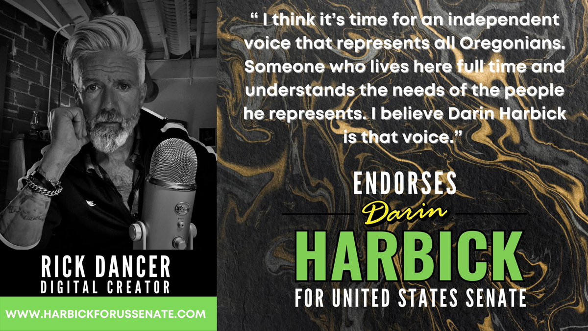 DarinHarbickOre's tweet photo. https://t.co/aaeguQS27K

"I think it's time for an independent voice that represents all Oregonians.
Someone who lives here full time and understands the needs of the people he represents.
I believe Darin Harbick is that voice.”

Rick Dancer endorses Darin Harbick.

#teamharbick https://t.co/ju1V1rvnuR