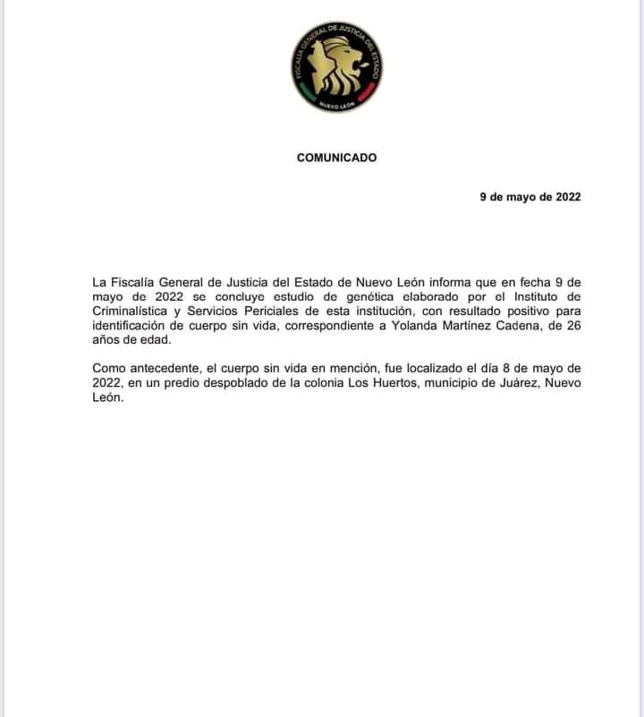 Nuestro  sentido pésame a los familiares ,amigas ,amigos y personas del círculo de la compañera Yolanda 
Así mismo exigimos JUSTICIA ,NO SIMULACIÓN DE INVESTIGACIÓN
#MexicoFeminicida  #NUEVOLEONFEMINICIDA
