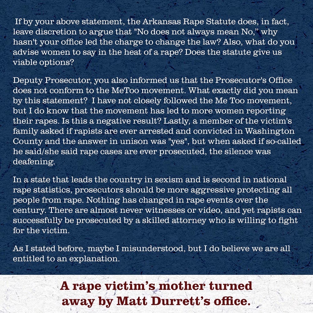 stephen4ar's tweet photo. I am sharing with you a note that I got from a mother whose daughter was raped last semester at the UofA. My opponent declined to prosecute a rape because it would be “he said/she said” case. https://t.co/OnlGnaKeja