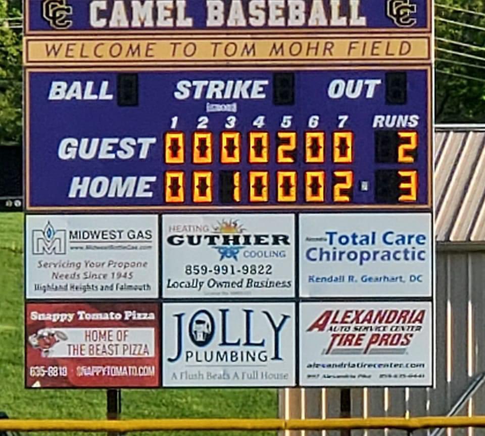 CamelsBaseball's tweet photo. Camels defeat Brossart late 3-2. Jacob Napier pitched an 11K, no earned run complete game. Gregory Vineyard tied the game at 2 in the bottom of the 7th inning with a lead off home run. Evan Clark followed with a double, and eventually scored the walkoff run. @CamelPride https://t.co/wHNGpHWPFb