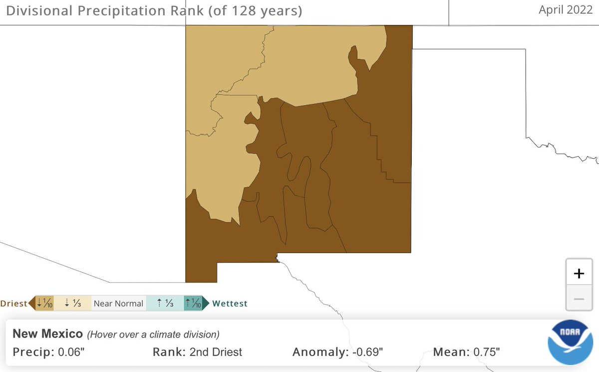 granttosterudwx's tweet photo. It was officially the 2nd driest and 11th hottest April on record for New Mexico. Southern, central, and eastern New Mexico all had the driest April on record. Some parts of New Mexico didn't record any precipitation last month. #NMClimate #NMwx #NMFire https://t.co/2g8HIP3CT6