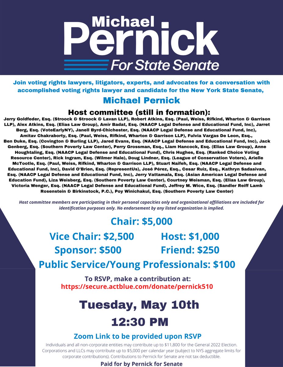 Reminder -- tomorrow at 12:30 we are holding an exciting campaign event on Zoom focused on voting rights.

I'm so grateful to our very impressive host committee for supporting this important event.

Hope to see you tomorrow at 12:30!

Register here: secure.actblue.com/donate/pernick…