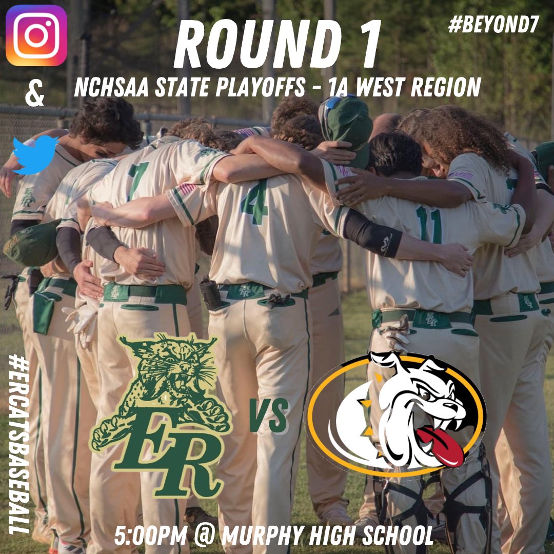 ER_CatsBaseball's tweet photo. On the road tomorrow evening for Round 1 of the NCHSAA State Playoffs at Murphy High School. Game time will be at 5:00pm! 

#GoCats #Beyond7 https://t.co/vLQEqhOppo