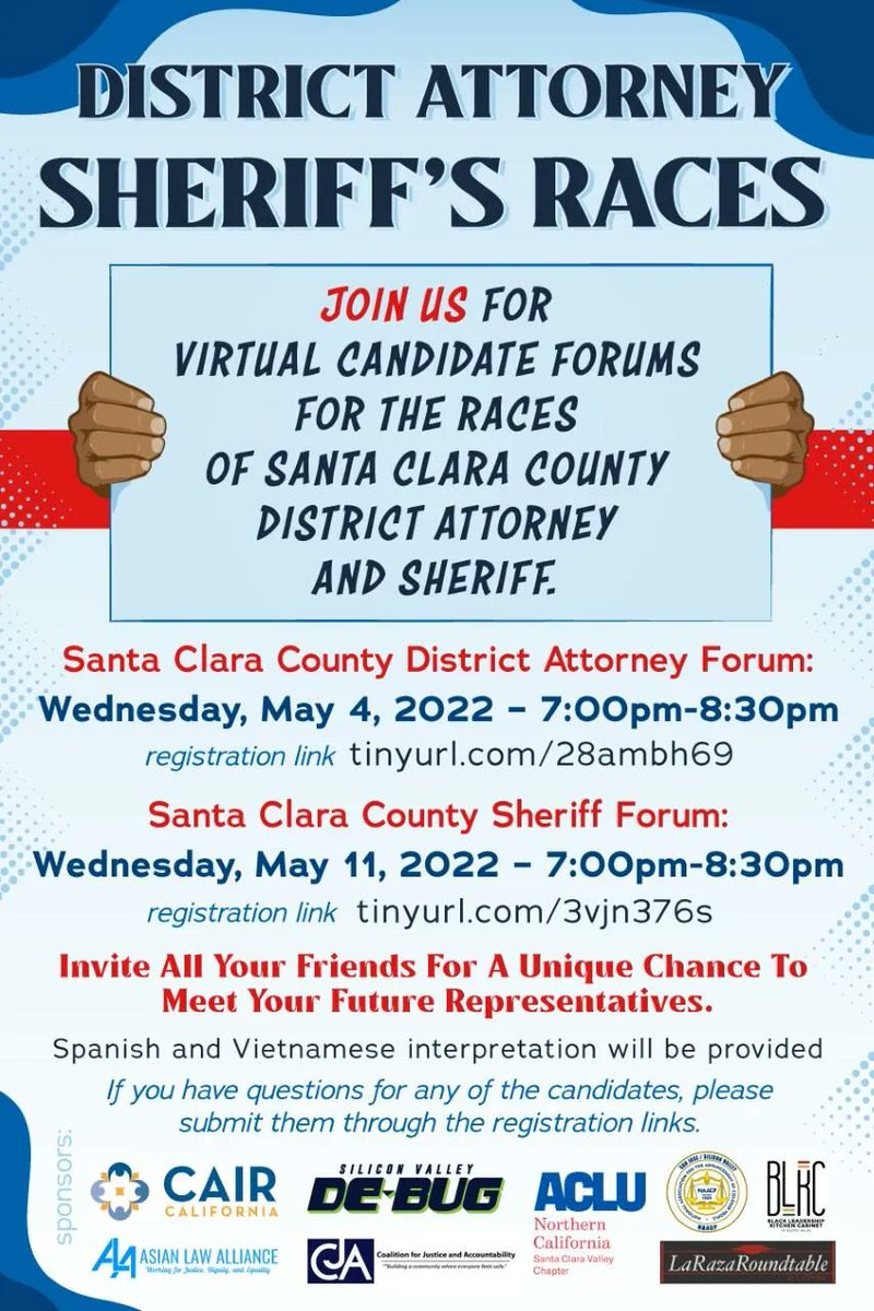 May 11th Sheriff Forum hosted by local justice orgs will address key civil rights issues. Invite friends.  (PACT partners)  Register: buff.ly/3P9GGyg
Spanish and Vietnamese interpretation. @ACLU_NorCal @AsianLawAlliance @CAIRSFBA @SVRising  @siliconvalleycf