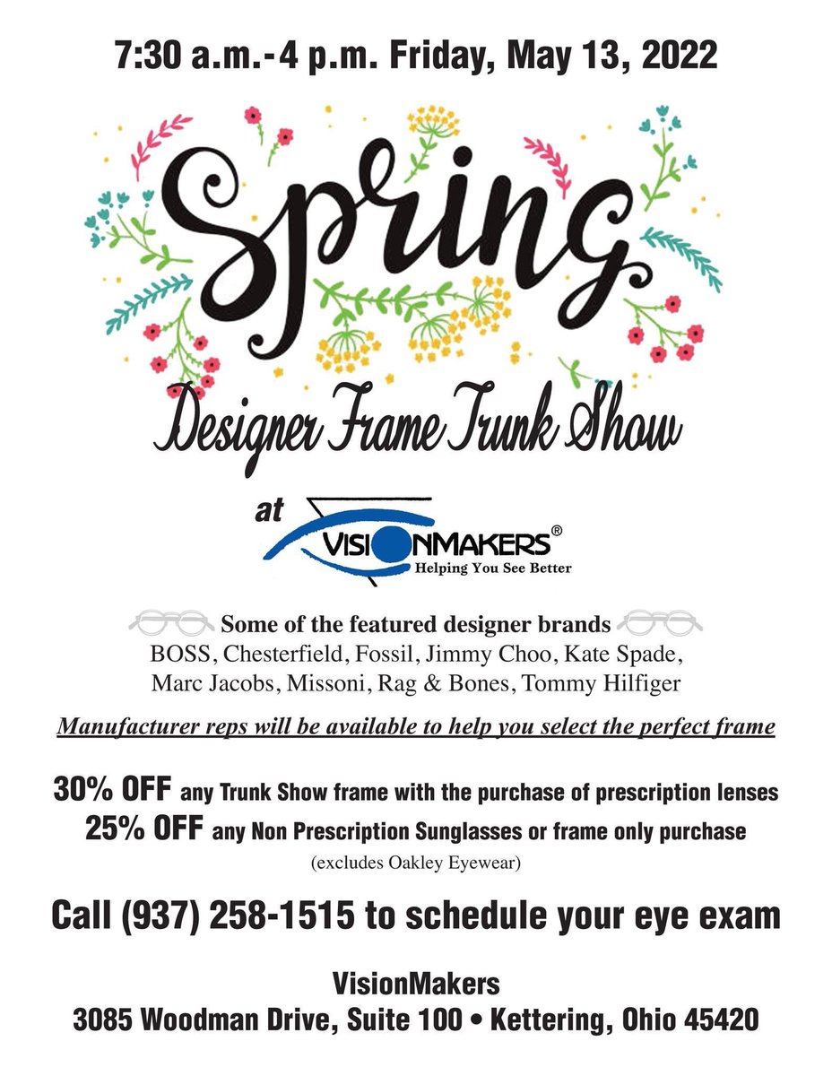VisionMakers_'s tweet photo. Friday is our next Designer Trunk Show!  Stop in and see frames from Fossil, Jimmy Choo, Kate Spade, Marc Jacobs, Missoni, Rag &amp; Bone, Tommy Hilfiger, BOSS, Chesterfield and others..
Friday, 5/13 ~ 7:30 - 4:00
#designereyewear #trunkshow #savemoney https://t.co/2ziDE8VNHl