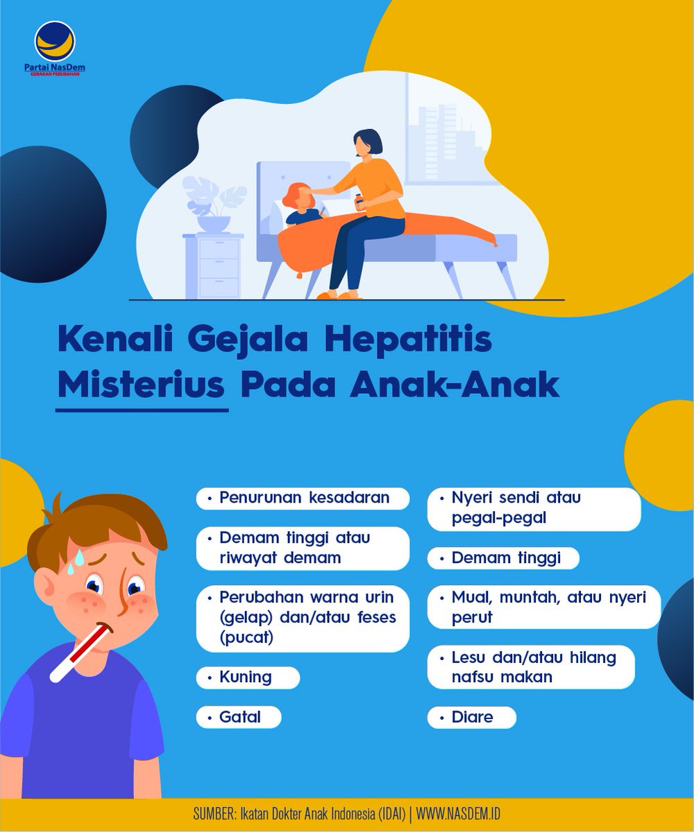 𝗪𝗮𝘀𝗽𝗮𝗱𝗮 𝗛𝗲𝗽𝗮𝘁𝗶𝘁𝗶𝘀 𝗔𝗸𝘂𝘁 𝗣𝗮𝗱𝗮 𝗔𝗻𝗮𝗸-𝗮𝗻𝗮𝗸! 

Kenali gejala-gejalanya berikut ini. 

#NasDemPeduli #PartaiNasDem #HepatitisAkut