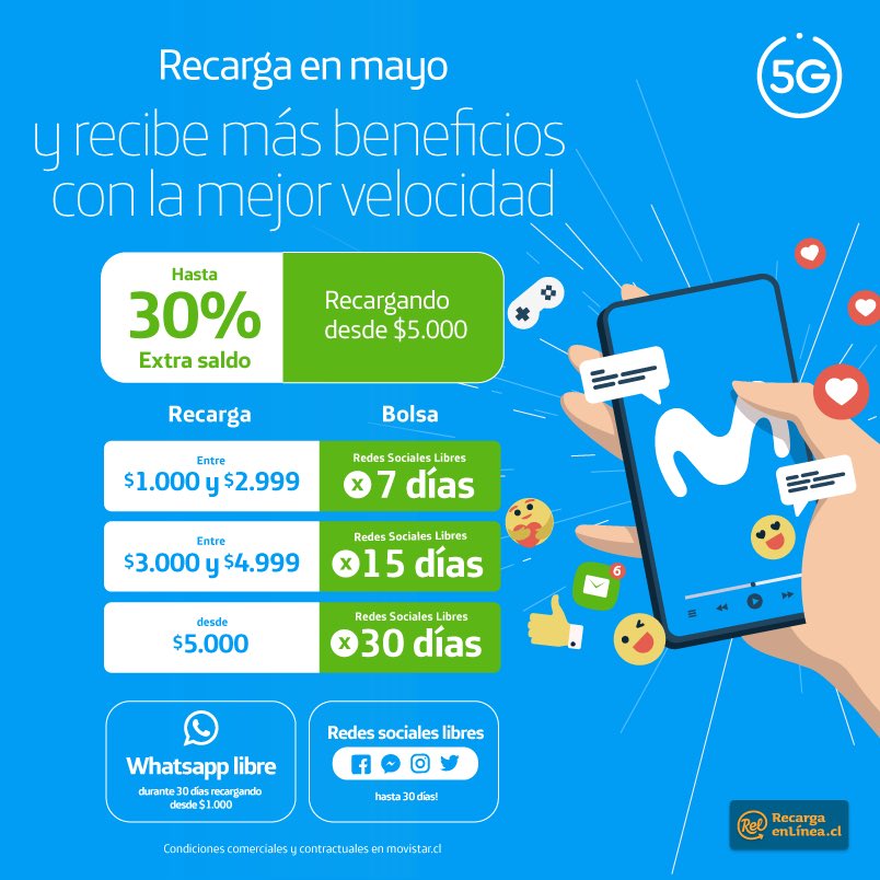 RECARGANLINEA's tweet photo. ¡Atención!

Recarga tu prepago Movistar en Mayo y recibe mejor beneficio con mayor velocidad 🤩

Sólo en https://t.co/1k5vRcQmpZ https://t.co/HzNtml27F8