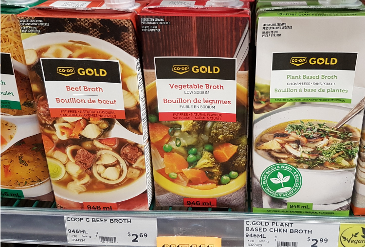 We've got broth - vegetable, beef, chicken and even plant based broth. Add to a soup, a stew or heat and drink. These are Co-Op Gold private label broth. They are always a good staple to have in your kitchen cupboard.