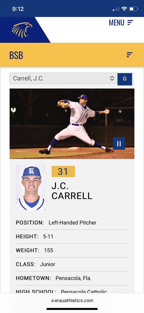 aiyptuw's tweet photo. Congrats to 2017 grad JC Carrell @carrell_jc for getting the save tonight for Embry-Riddle @ERAUBaseball. In his final college game he recorded his first career save. He closes his college career with a record of 8-4, all with the Eagles. Also, 4 time Conference Honor Roll! https://t.co/ldKBNgppAF