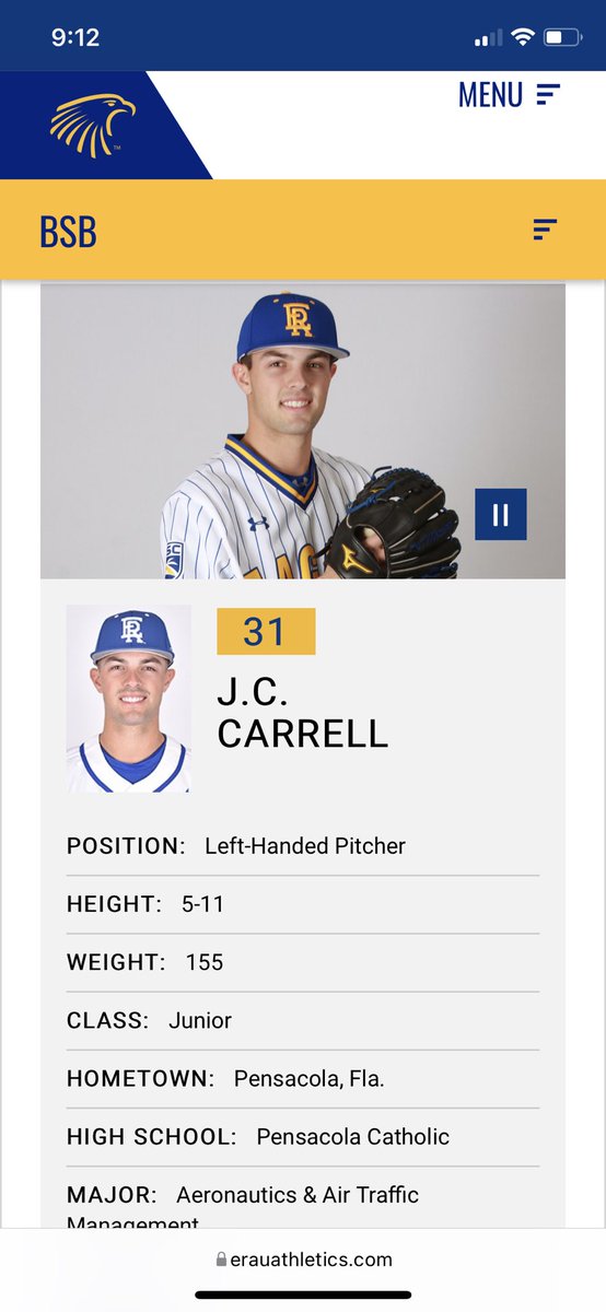 aiyptuw's tweet photo. Congrats to 2017 grad JC Carrell @carrell_jc for getting the save tonight for Embry-Riddle @ERAUBaseball. In his final college game he recorded his first career save. He closes his college career with a record of 8-4, all with the Eagles. Also, 4 time Conference Honor Roll! https://t.co/ldKBNgppAF