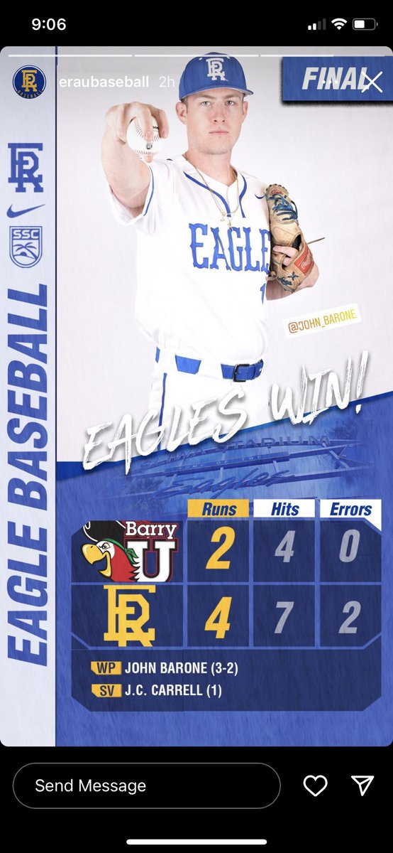 aiyptuw's tweet photo. Congrats to 2017 grad JC Carrell @carrell_jc for getting the save tonight for Embry-Riddle @ERAUBaseball. In his final college game he recorded his first career save. He closes his college career with a record of 8-4, all with the Eagles. Also, 4 time Conference Honor Roll! https://t.co/ldKBNgppAF