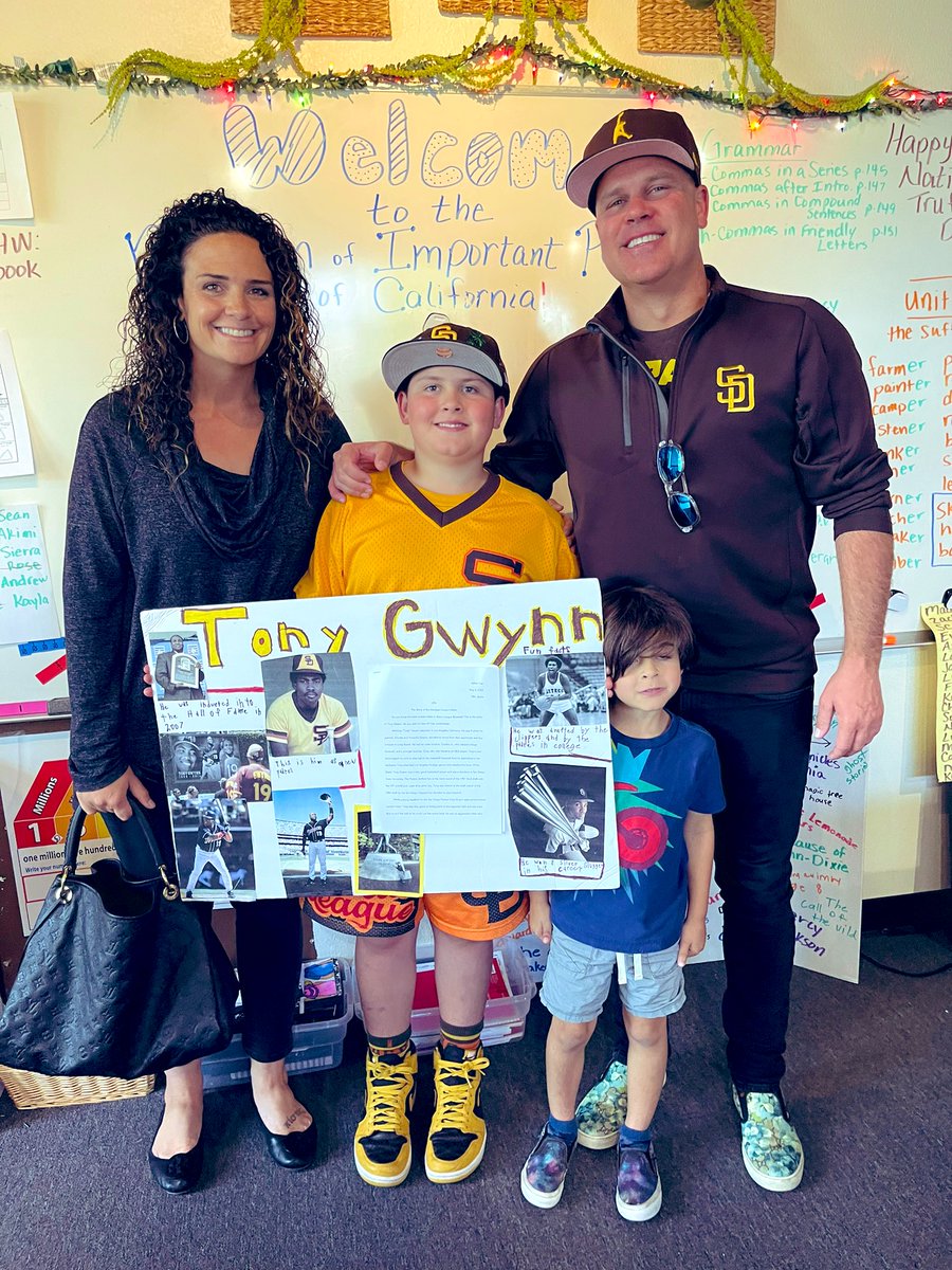 JoshCox's tweet photo. Celebrating what would have been Tony Gwynn’s 62nd birthday here at the park with the fam. Rare sight with all six of us here!
Second photo is Asher’s presentation at school last week on TG19.
#TimeToShine #RIP19 #MrPadre https://t.co/fvGYTGfe6o