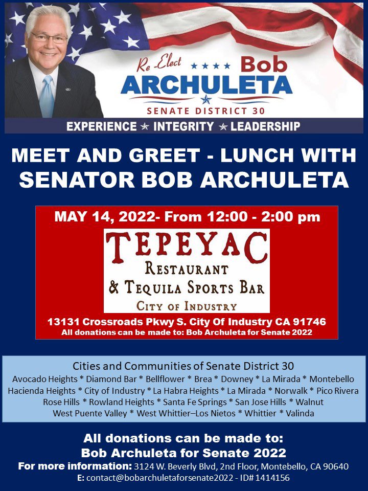 ArchuletaSD30's tweet photo. 🚨 Meet &amp; Greet🚨                                    See you Saturday, May 14
12-2pm @ El Tepeyac. See flyer for details. #SD30 #TeamArchuleta #June7Primary https://t.co/Tz9rENMa7y