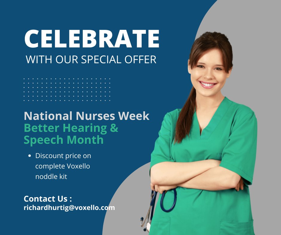 To celebrate National Nurse's Week and Better Hearing &amp; Speech Month, we're excited to offer a special discount on a complete Voxello noddle kit. Learn more: ow.ly/quqr50J3xwJ

#speech #communication #SLP #nurses