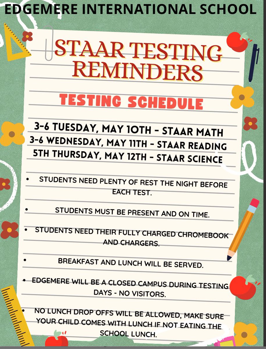 EdgemereSchool's tweet image. Reminders for STAAR testing! #RoadrunnersRISE #GetEnoughRest @EDGESlib @YsletaISD @Gmaria1G @catherinedoc12 @BrendaChR1 @_IreneAhumada @DebbieMVega3 @edgisliteracy @mmartinez915 @CoachArmendariz @ness_wonder @YvetteS1999