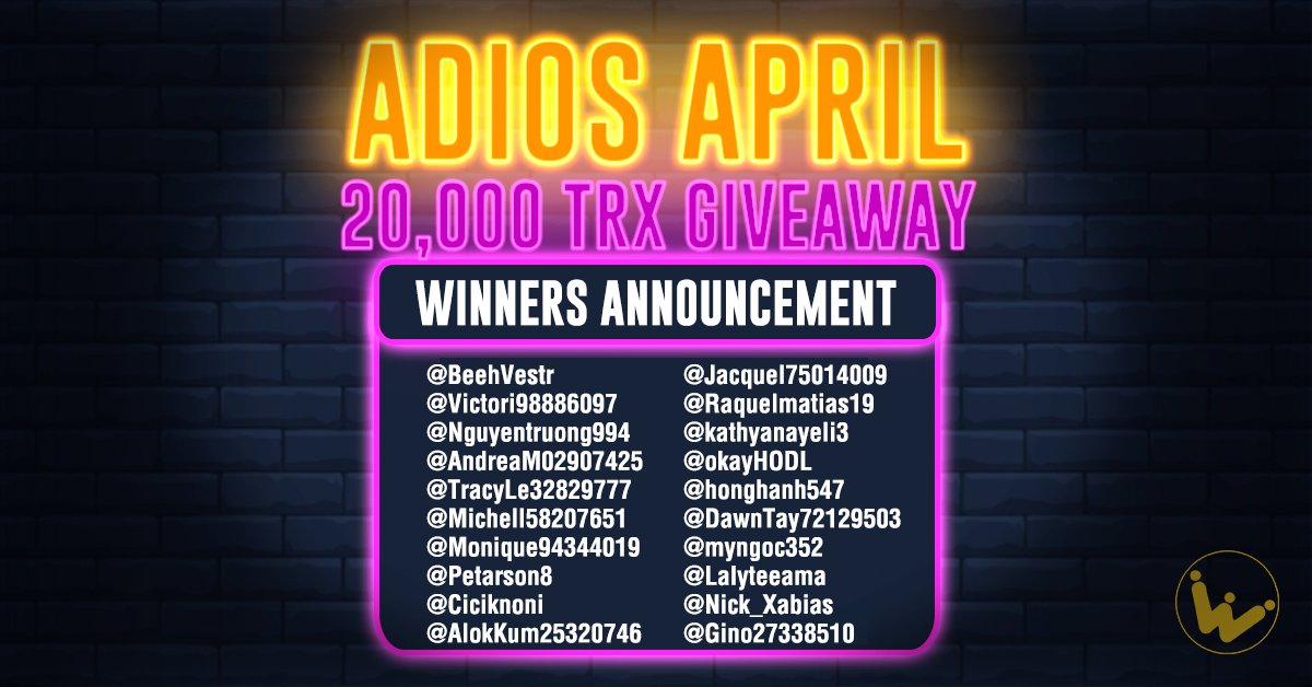 WINkorg777's tweet photo. #WINksters, congratulations to the 2nd wave of winners for the Adios April giveaway! 

Please DM us with your wallet address as confirmation. An announcement will be made when rewards are sent out. Thank you for participating! https://t.co/JgV7x77Tjc