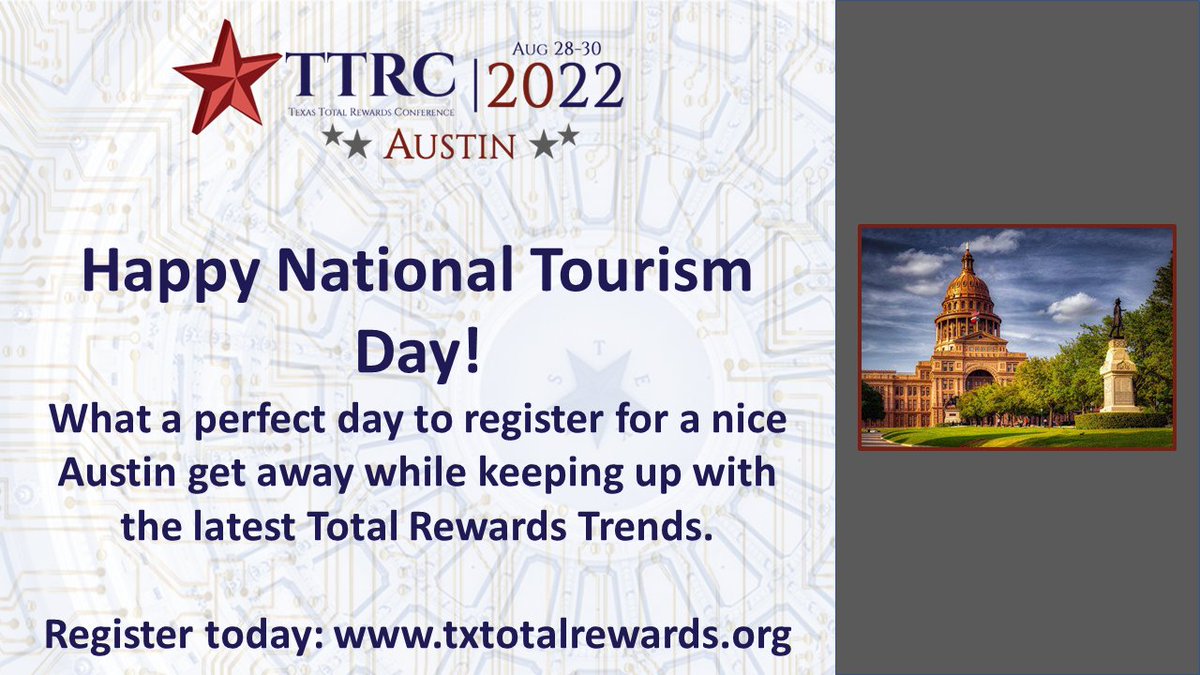 What a perfect day to register for a nice Austin get away while keeping up with the latest Total Rewards Trends.
Register here: txtotalrewards.org #TotalRewards #Compensation #Benefits