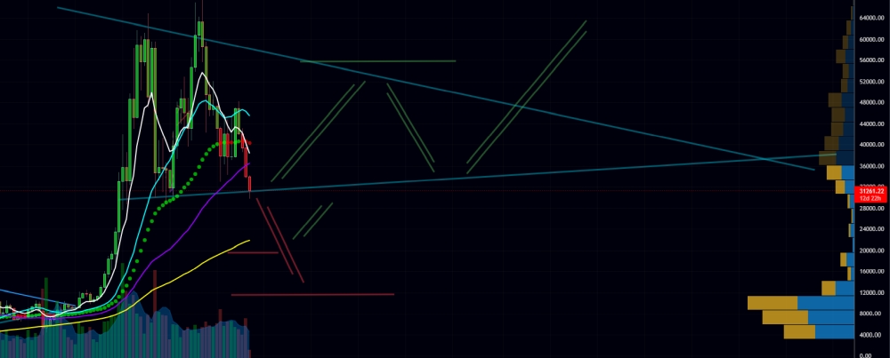 amsterdamn's tweet photo. If BTC holds at the current level it can be seen as a leg forming a new triangle. Price could bounce up to 55-56k. 
If BTC does not hold at current levels, there are 2 support levels. A small support around 21k and bigger support level around 12k. https://t.co/gYgNaGA6Do