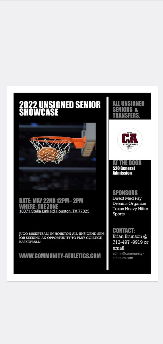 CommunityAthle1's tweet photo. For All 2021-2022 Unsigned Seniors Showcase! Transfers welcome as well!
MAY 22ND 12-2 pm
$20 admission 
Looking to play collegiate basketball, 2 YEAR JUCO right here in Houston! https://t.co/ecRDxnxM7N
