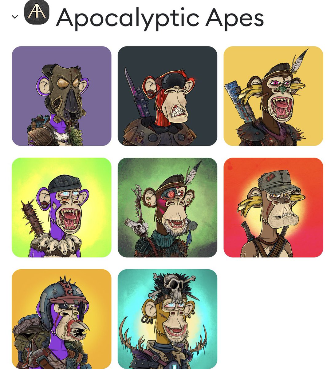 Show me an #nft with better art work then <a href="/TheHaddy/">HaddyTheCreator</a> <a href="/apocalypticapes/">Apocalyptic Apes | 🦍</a>  <a href="/AAPEQueens/">Apocalyptic Queen Apes 👑🦍</a> there is none nothing comes close to it. This is a totally undervalued #BlueChipNFT project with big things coming and big backing <a href="/BoredApeYC/">Bored Ape Yacht Club 🍌</a> #mayc #bayc <a href="/Fityeth/">fity.eth</a> @creationnft_eth <a href="/fishyfisheth/">fishyfish.eth</a>