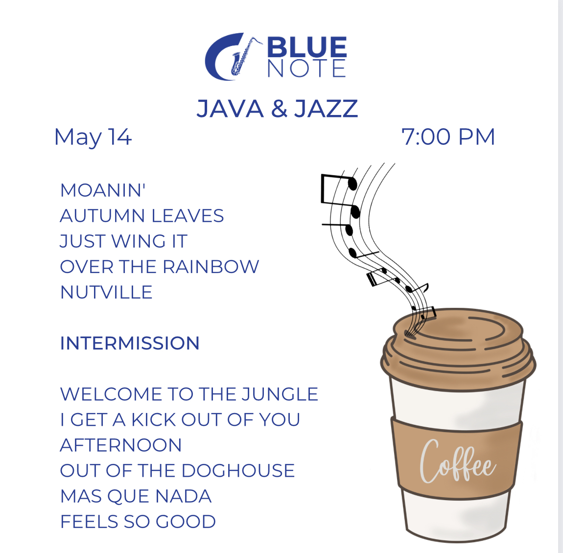 Blue Note in concert this Saturday evening!  Join us for sweet treats and swinging beats!