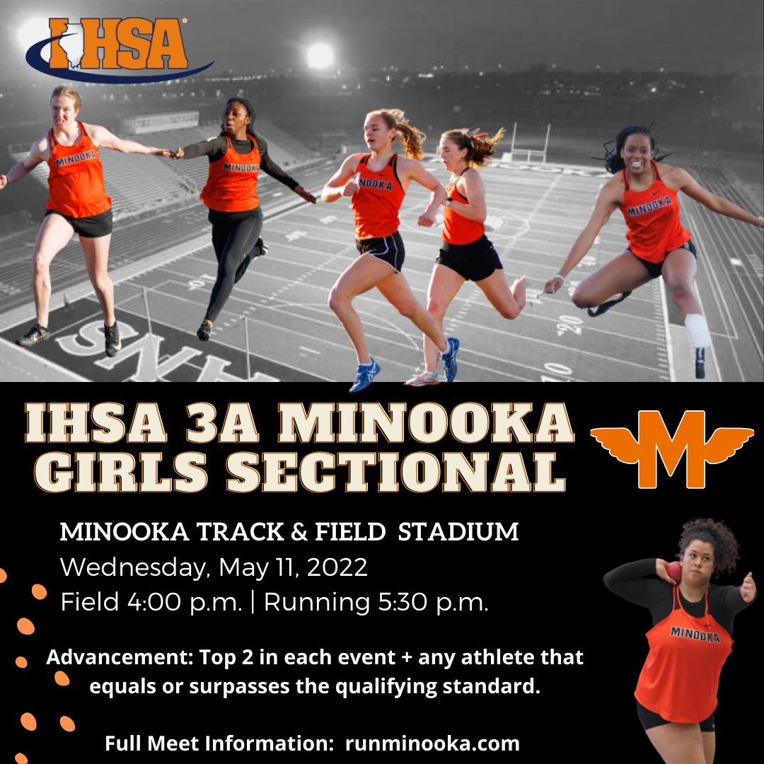 MinookaGTrack's tweet photo. Come on out to the Minooka Girls Track &amp; Field Sectional this Wednesday evening!  Athletes from 16 teams will be competing for the right to head to the IHSA state finals.  Full info. to be posted at https://t.co/o7fpXgcsCv https://t.co/B12i7aM2Pk