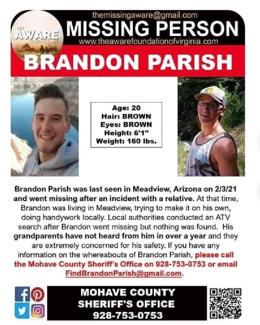 GabbyFind's tweet photo. Please Help Find 20 y/o Brandon Parish. He was last seen on 2/3/21 in Meadview, Az. Anyone with information of his whereabouts are asked to contact the Mojave County Sheriffs Office 928-753-0753. https://t.co/0vdenhBD93