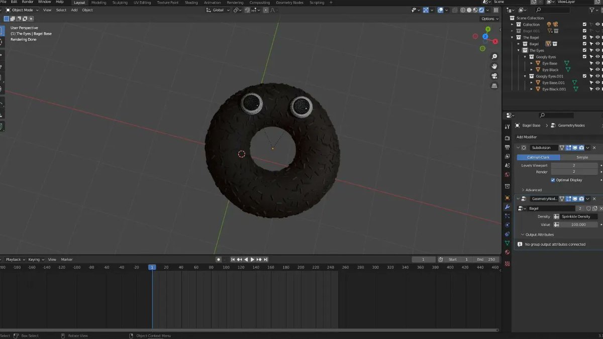 RabidDoh's tweet photo. Some BTS. Returned to Blender Guru's Donut tutorial, but now used Geometry Nodes for the Sprinkles. Also used a CGMatter tutorial to design and rig the Googly Eyes.

The meshes for the Pillars and Room were 3d Designed by me https://t.co/vt9tlxbWY8