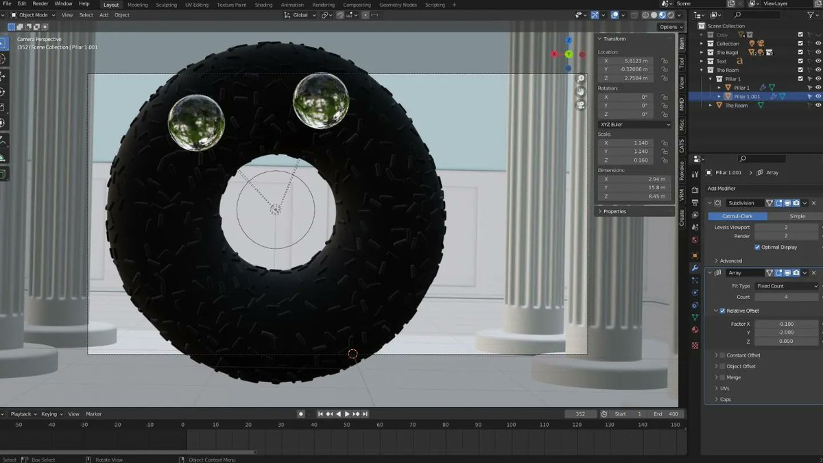 RabidDoh's tweet photo. Some BTS. Returned to Blender Guru's Donut tutorial, but now used Geometry Nodes for the Sprinkles. Also used a CGMatter tutorial to design and rig the Googly Eyes.

The meshes for the Pillars and Room were 3d Designed by me https://t.co/vt9tlxbWY8