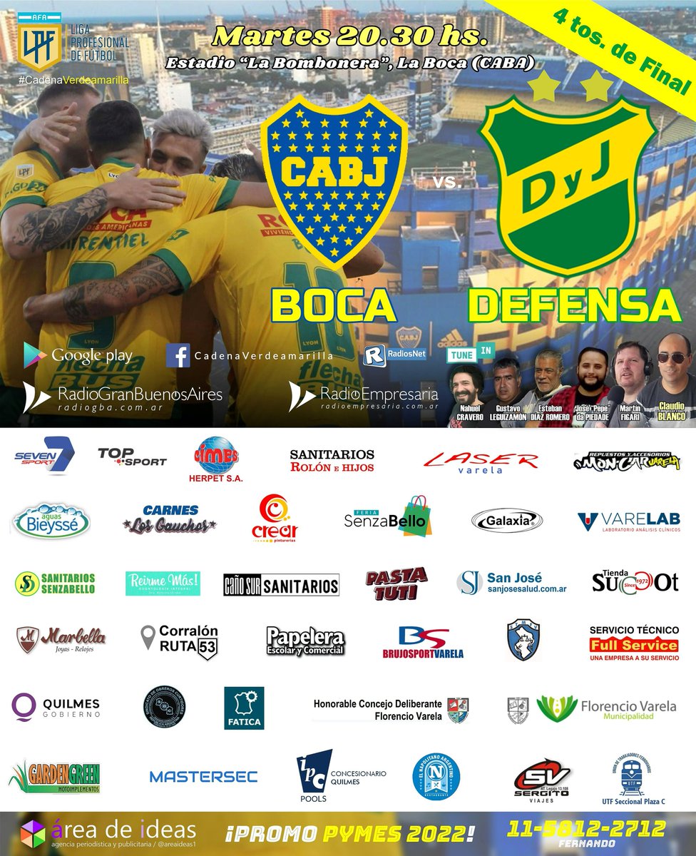 CaVerdeAmarilla's tweet photo. ⚽ BOCA - DEFENSA Y JUSTICIA
🏆 #CopaLPF2022 / 4tos. de Final
🕙 MARTES 20.30 hs.
🎙 Relatos: @claudioblanco
🎤 Comentarios: @dapiedade_ja  @martin_fig 
🎤 Vestuarios: Gustavo Leguizamón
🎧 Locución: @Estebandiazrome 
🎧 Operación: Nahuel Cravero
📻 @RadioEmpresaria @Radio_GBA https://t.co/s8etaiTlyG