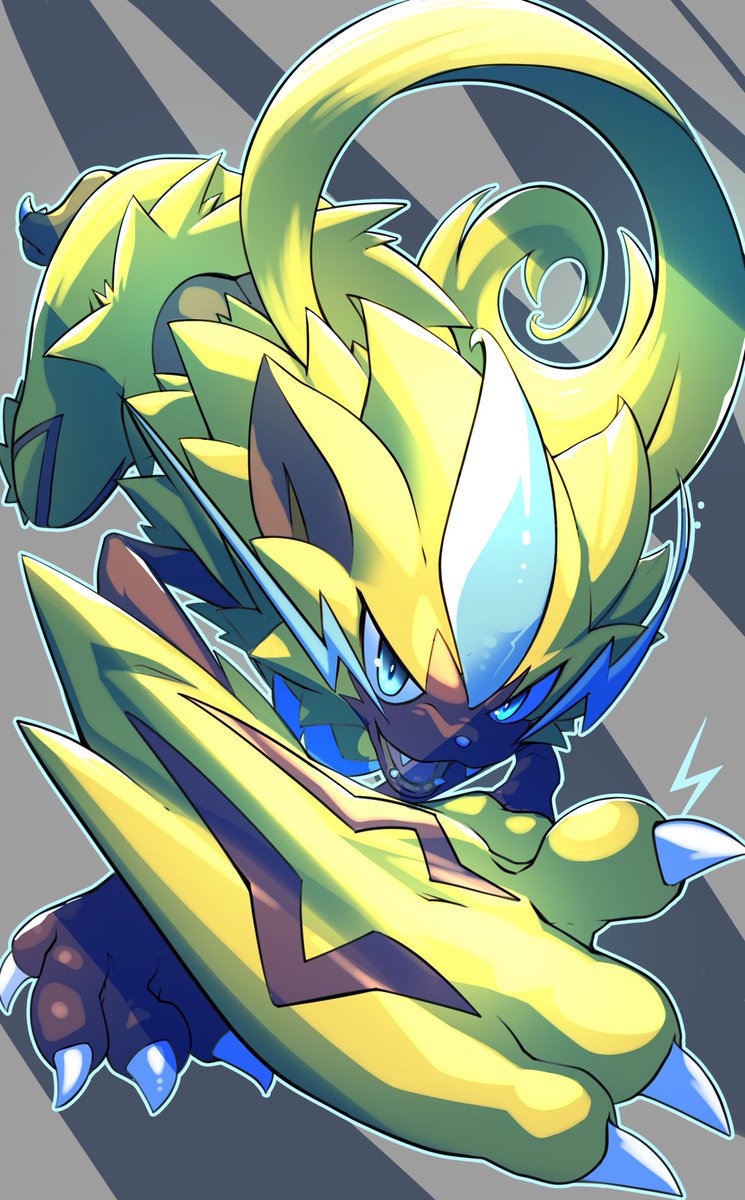 pokemon (creature) solo claws blue eyes fangs open mouth yellow fur  illustration images