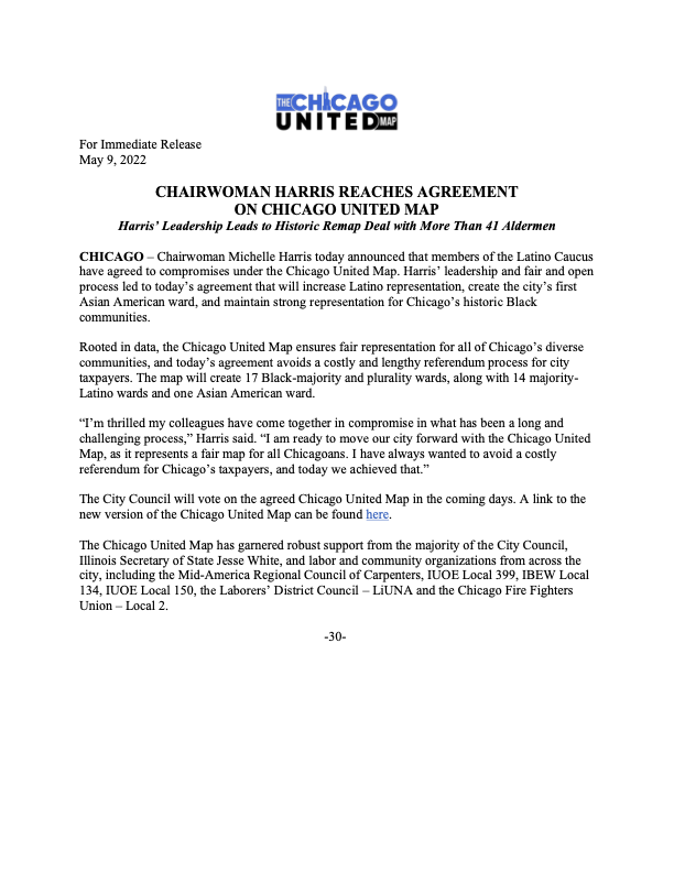 Chairwoman Harris Reaches Agreement on Chicago United Map, Avoiding Costly Referendum for City's Taxpayers. <a href="/AldermanHarris/">Ald. Michelle Harris</a>