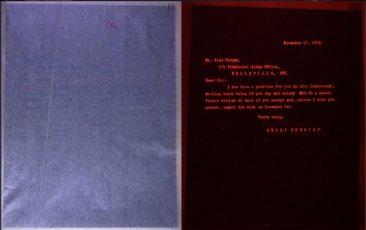 IDLCanada's tweet photo. 7 more days to go!

Take a look at how faded ink can be read!

On the left is the picture of the paper on which the ink can't be seen using white light and on the right is of the paper being illuminated with red light and an infrared long-pass filter. https://t.co/4rUfZFQLq0