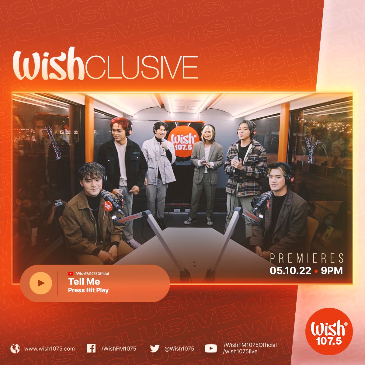 wish1075's tweet photo. P-pop group @PressHitPlay brings their song "Tell Me" to the Wish Bus for their debut Wishclusive! Don't miss the video's premiere at 9 p.m. PHT on our YouTube channel! https://t.co/cPl6Q559rw