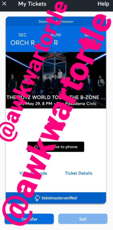 awkwartortle's tweet photo. [Help RT please] [WTS] The Boyz in LA - May 29

1 ticket ORCH R Row R

LESS than face, will transfer on TM on video call
더보이즈 미국투어 더비존 엘에이 티켓 양도합니다 

DM please 
#THEBOYZ #더보이즈 #THEB_ZONE #더비존 #THEBOYZinLA #THEBOYZUSATOUR #wts #TheBoyzLA #ザ・ボーイズ https://t.co/go20CsYQxF