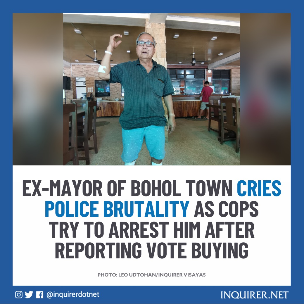 inquirerdotnet's tweet photo. A former mayor of Panglao town in Bohol is set to file charges against police officers who allegedly hurt him after asking them to stop an incident of vote-buying on election day. #VotePH #OurVoteOurFuture

READ: https://t.co/l835a2GSfT https://t.co/gPmc1nnjqh