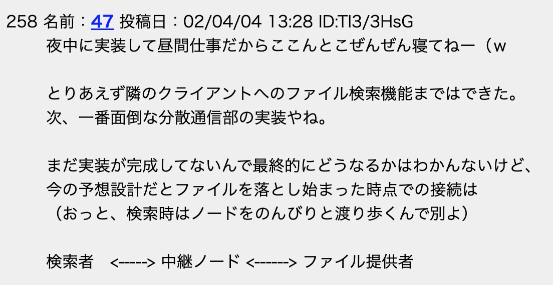 ブロックチェーンの先駆けたるP2P技術「Winny」のはじまりを見てきた
今から20年も前、Web1と言われる時代にWeb3が始まっていた
winny.info/2ch/main/10175…