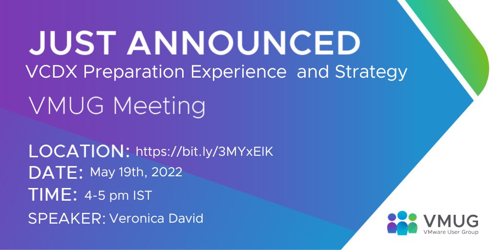 Registration link for our next VMUG Delhi Virtual Meeting is live now. This is taking place on 19th May between 4-5PM IST.

Reserve your seat now!

Title: VCDX Preparation Experience and Strategy

Register here:
my.vmug.com/s/community-ev…

<a href="/MyVMUG/">VMware User Group</a>