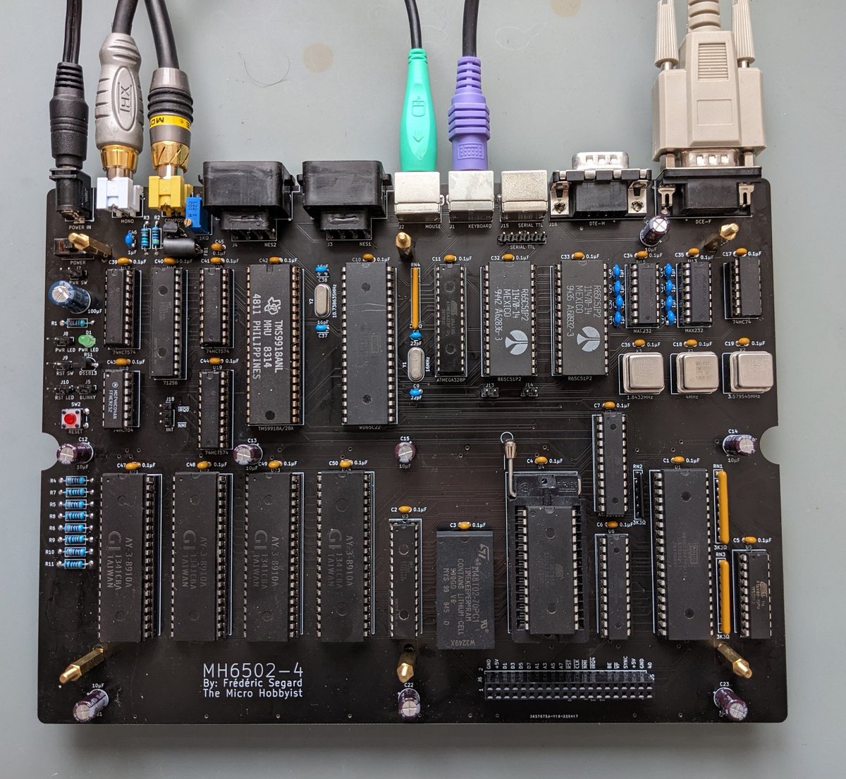 frederic_segard's tweet photo. This is it, my latest masterpiece. A WD65C02 based single board computer with graphics and sound. #WDC #65C02 #TMS9918A #AY38910 #JLCPCB https://t.co/Em6DEuIksJ