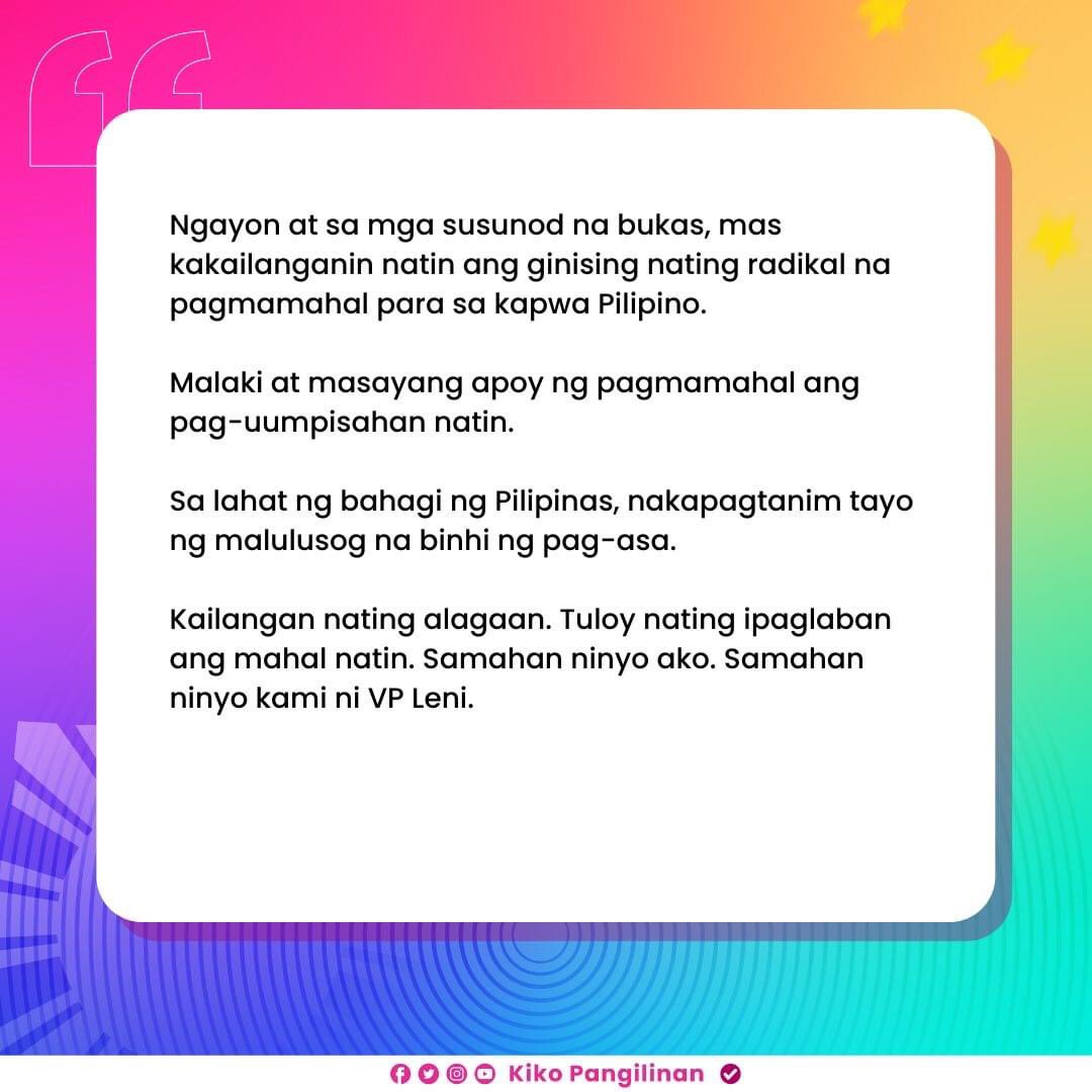 kikopangilinan's tweet photo. Nakikiisa tayo sa pahayag ni Vice President Leni. 

Hindi pa tapos ang bilangan. Sa ilang mga presinto, hindi pa tapos ang botohan. May mga tanong tungkol sa proseso na hindi pa nasasagot. 

Hindi pa tapos ang ating gawain. 

#Eleksyon2022  
#Halalan2022 https://t.co/7pDfk35euR
