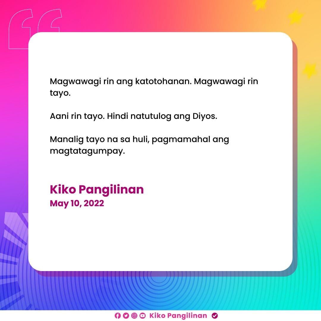 Nakikiisa tayo sa pahayag ni Vice President Leni. 

Hindi pa tapos ang bilangan. Sa ilang mga presinto, hindi pa tapos ang botohan. May mga tanong tungkol sa proseso na hindi pa nasasagot. 

Hindi pa tapos ang ating gawain. 

#Eleksyon2022  
#Halalan2022