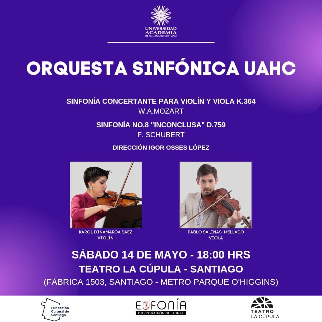 Les invitamos a ser parte de la Presentación Sinfónica de la #orquestauahc🎻🥁🎹🎺🎶

Este sábado 14 de mayo a las 18hrs se realizará el segundo concierto del programa 1 junto a la violinista #karovidi, #pablosalinas y en la dirección de orquesta #IgorOsses

ENTRADA LIBERADA💥💥