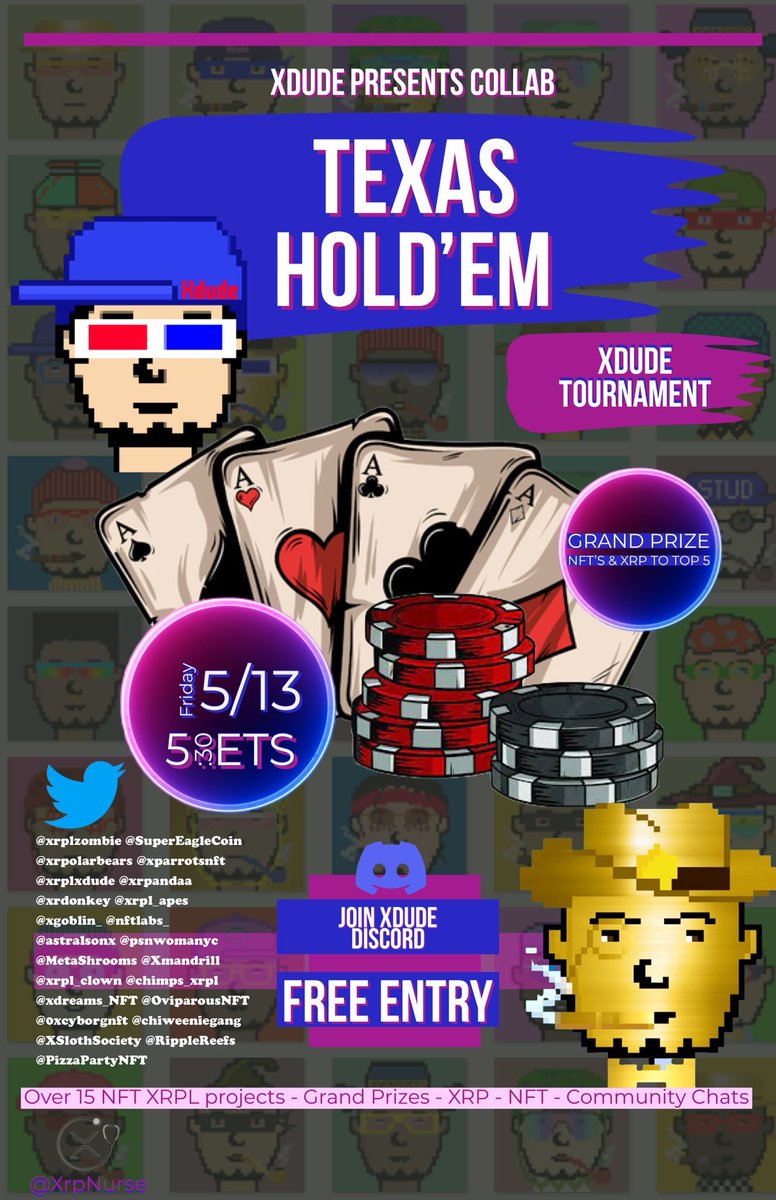 XRPLXDUDE's tweet photo. 📢Biggest XRPL community poker event 
🎨10 top players will get free XDUDE mint
💰5 top players will also share bag of XRP

Join XDUDE discord for details https://t.co/pSXhTN842I 

#XRPLcommunity #XRPArmy  #xrp #XRPArmy  #NFTCommunity #XRPL #XRPLcommunity #XRPLedger #XRPHolders https://t.co/mkMgRrZ5cc