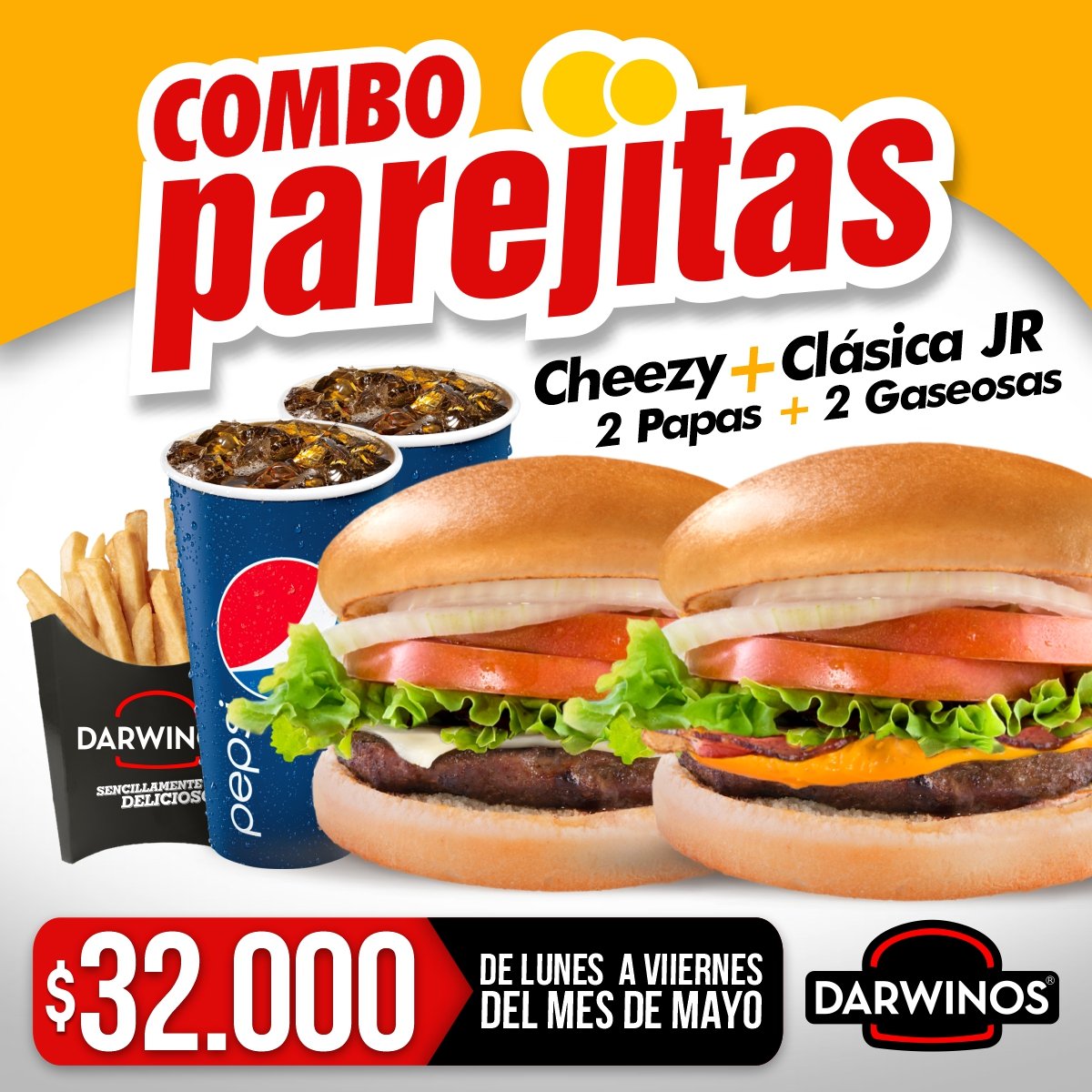 Combo Parejitas! 👩‍❤️‍💋‍👨 

1 Hamburguesa Clásica Jr
1 Hamburguesa Cheezy
2 Papás Pequeñas
2 Gaseosas Personales

Todo solo x $32.000

Promoción válida de lunes a viernes del mes de mayo del 2022 y/o agotar existencias.