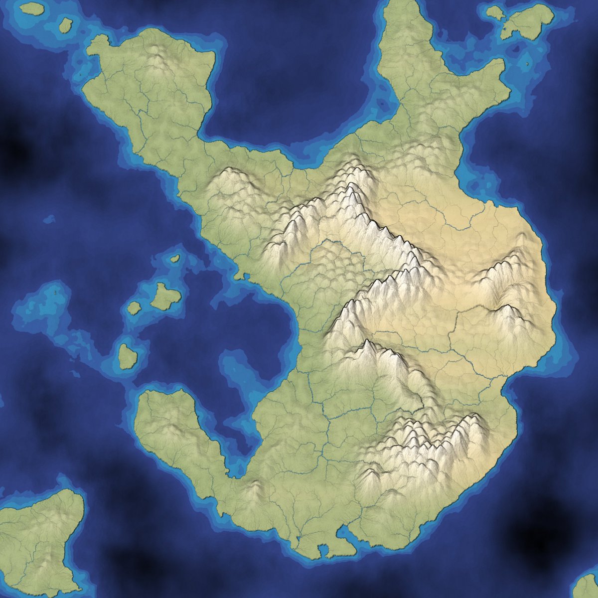 redblobgames's tweet photo. Here's 738k polygon regions (4.7M rendered triangles). Way too much detail to show in a 2048x2048 screenshot. You can see the hills are looking too regularly spaced. The creeks are too small to see. #mapgen4 was not designed for this. https://t.co/0bEJmHDIz9