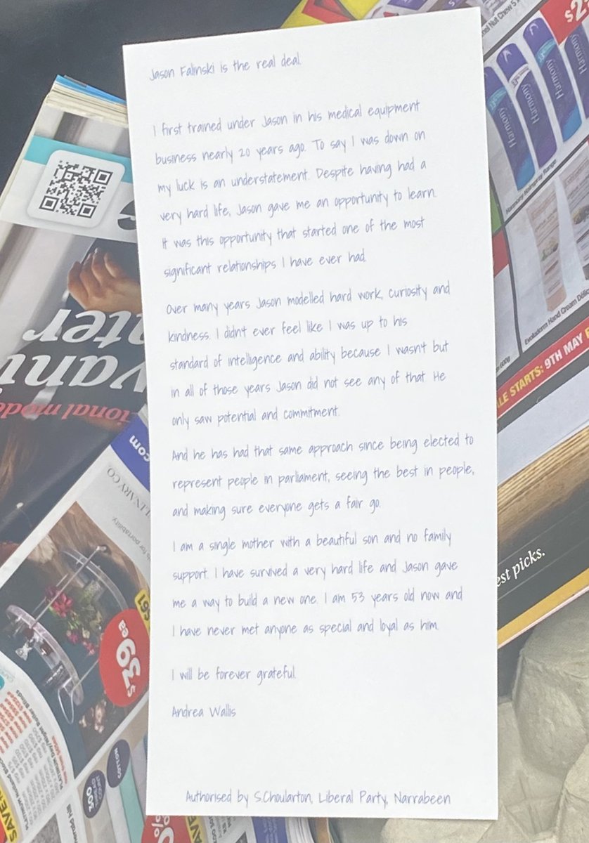 james_goodpun's tweet image. An authentic, mass produced pamphlet in a handwriting font, begging for my vote. Nice try, Falinski.  #MackellarVotes