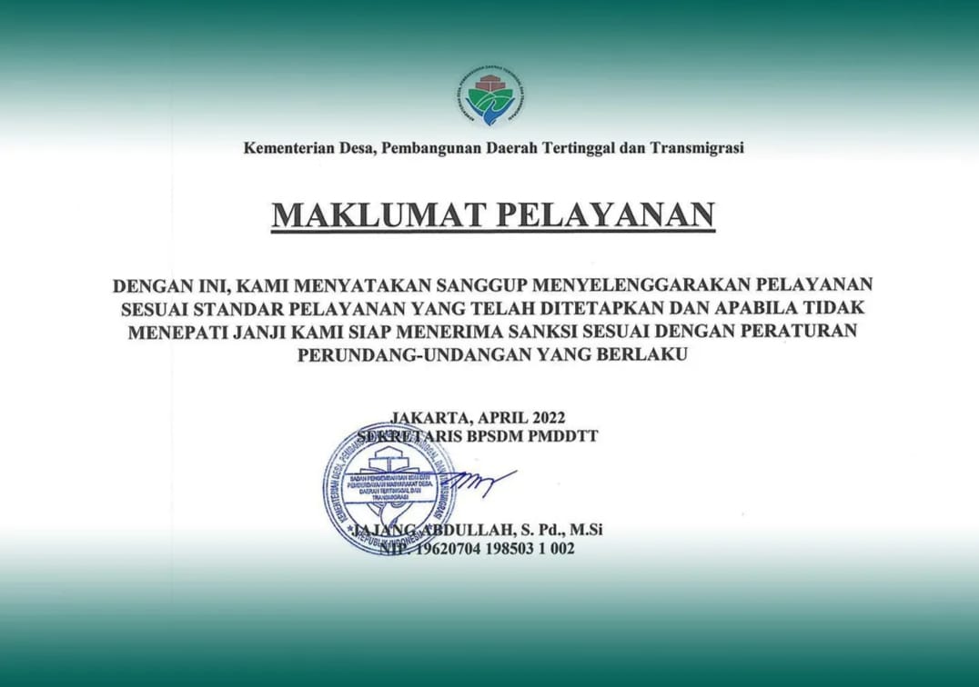 Maklumat Pelayanan Pusat Pengembangan Pembersayaan Masyarakat Desa DTT di Lingkup BPSDM PMDDTT Kemendes PDTT.
#maklumatpelayanan 
<a href="/halimiskandarnu/">ABDUL HALIM ISKANDAR</a> <a href="/taufikmadjid71/">IG : taufik.madjid</a> <a href="/malik_haramain/">malikharamain</a> <a href="/imansyukri/">Iman Sukri</a> @yusradaridesa <a href="/tppkemendes/">TPP KEMENDES</a> @bpsdmkemendes <a href="/kemendesapdtt/">kemendesapdtt</a>