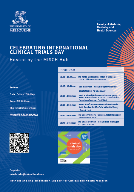 🥳 Join us May 20 to celebrate #clinicaltrialsday. Featuring @snap_trial, @jo_manski & @ACTAcommunity joint 2021 winner @DrMHofman. We'll also have a fun quiz with prizes!🏆 Register: bit.ly/ICTD2022 @MACHAustralia @unimelbMSPGH @UniMelbMDHS @CritCareUniMelb